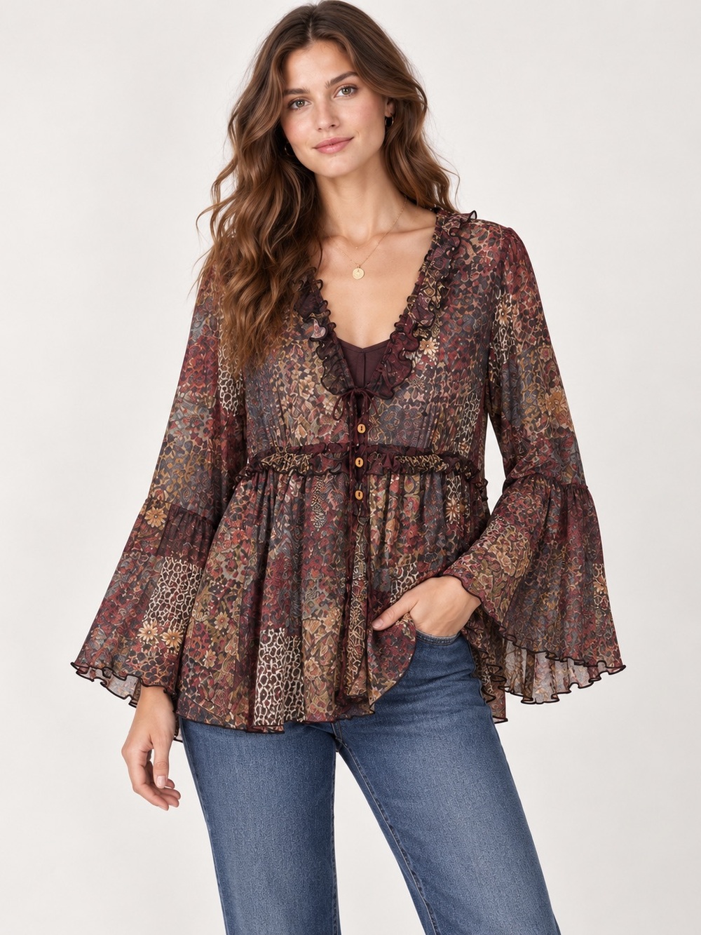 NATURAL LIFE Burgundy Floral Patchwork Peasant Tunic